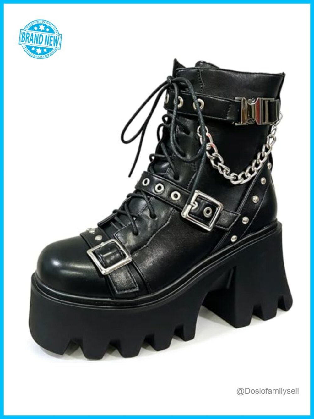 Womens Platform Combat Boots Goth Chain Chunky Block Heel PU Leather Ankle Boots